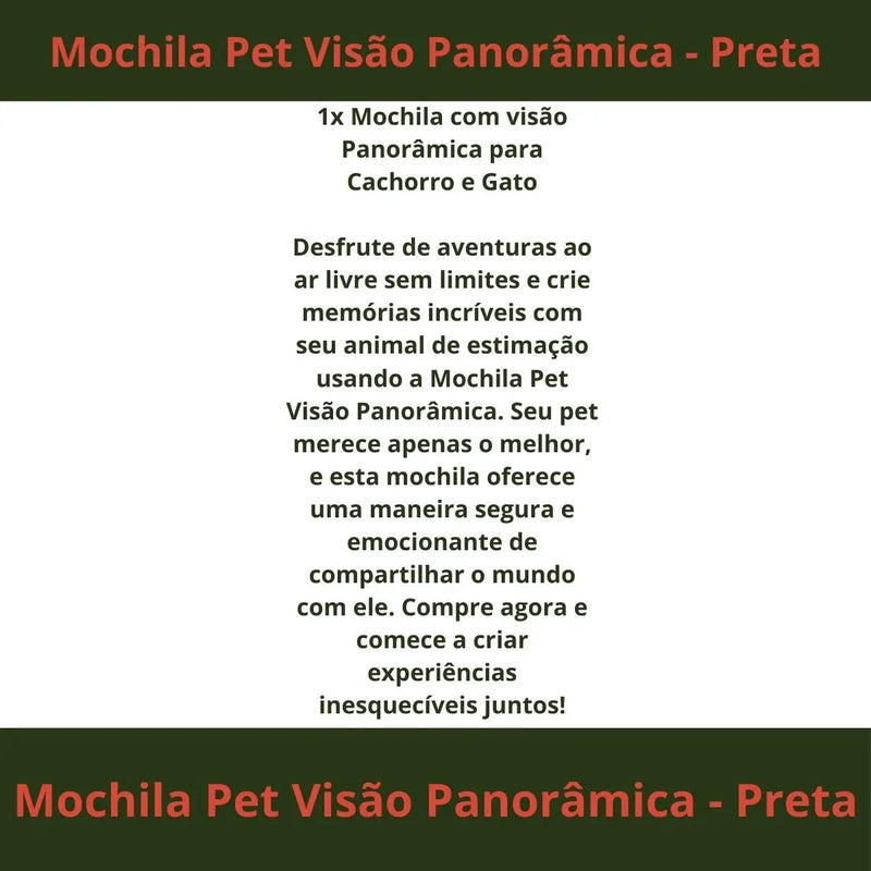 Mochila Pet Visão Panorâmica para Cachorro e Gato - Preta