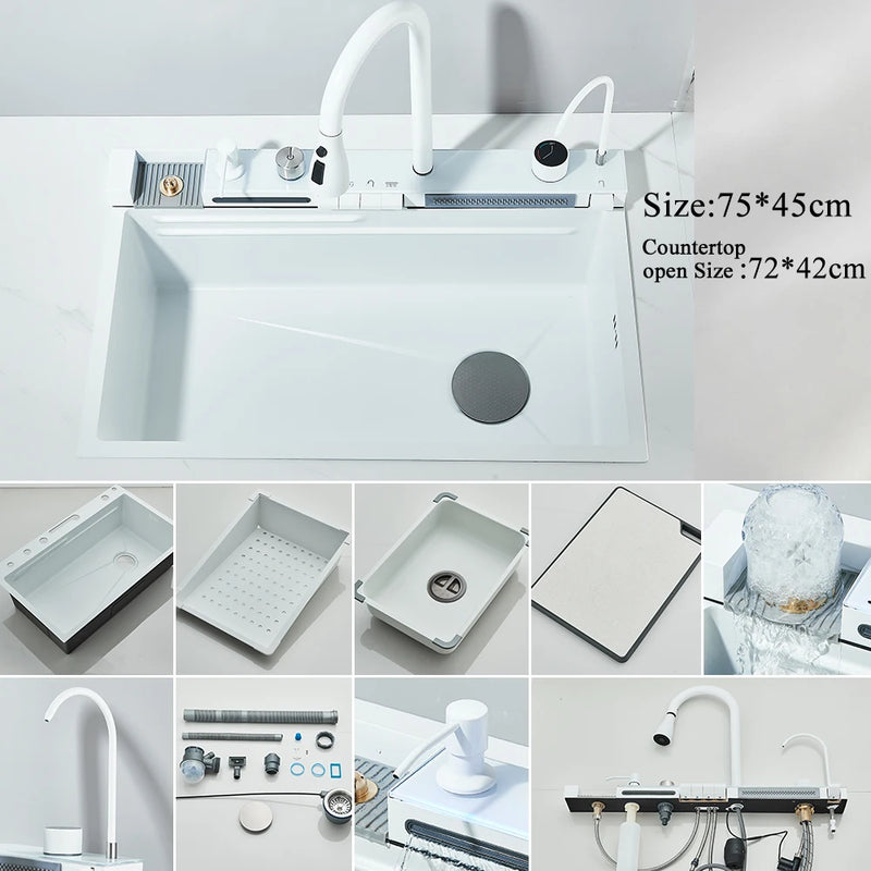 Pia de cozinha cascata de aço inoxidável 304, grande slot único, display digital integrado, conjunto de torneira, dispensador de sabão, copo, lavadora