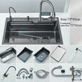 Pia de cozinha cascata de aço inoxidável 304, grande slot único, display digital integrado, conjunto de torneira, dispensador de sabão, copo, lavadora